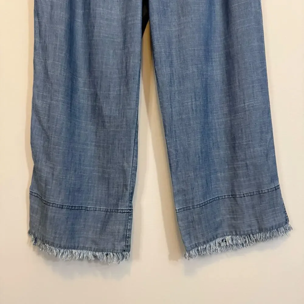 Trina Turk Chambray Pants Womens 37 Blue Linen Blend High Rise Frayed Hem Casual - Picture 4 of 8